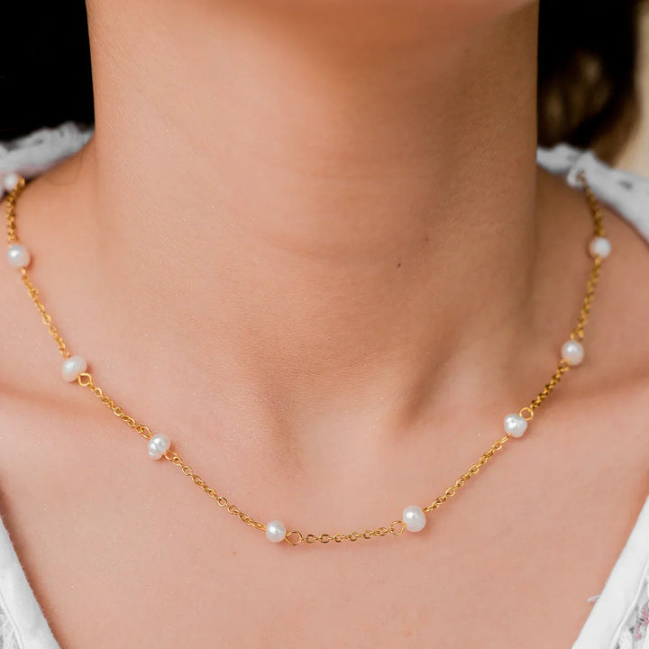 Gold-Plated Stainless Steel Faux Pearl Beaded Necklace for Women