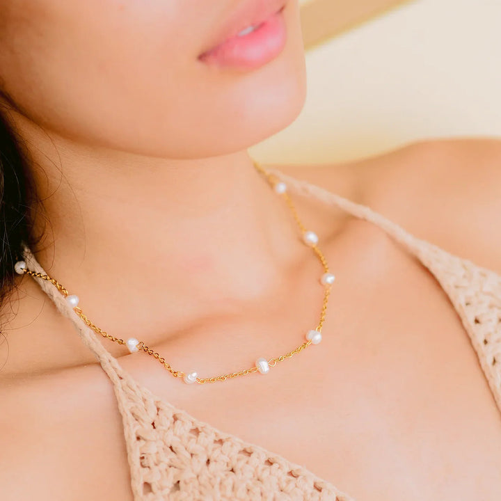 Gold-Plated Stainless Steel Faux Pearl Beaded Necklace for Women