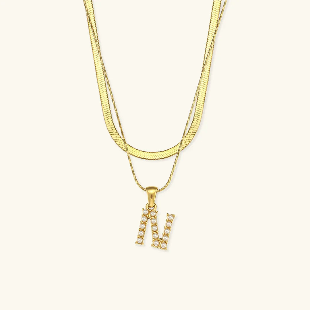 Gold-Plated Layered Initial Letter Necklace with Freshwater Pearls