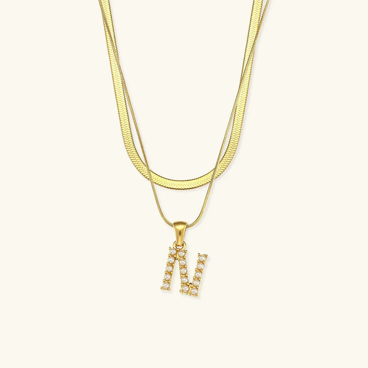 Gold-Plated Layered Initial Letter Necklace with Freshwater Pearls