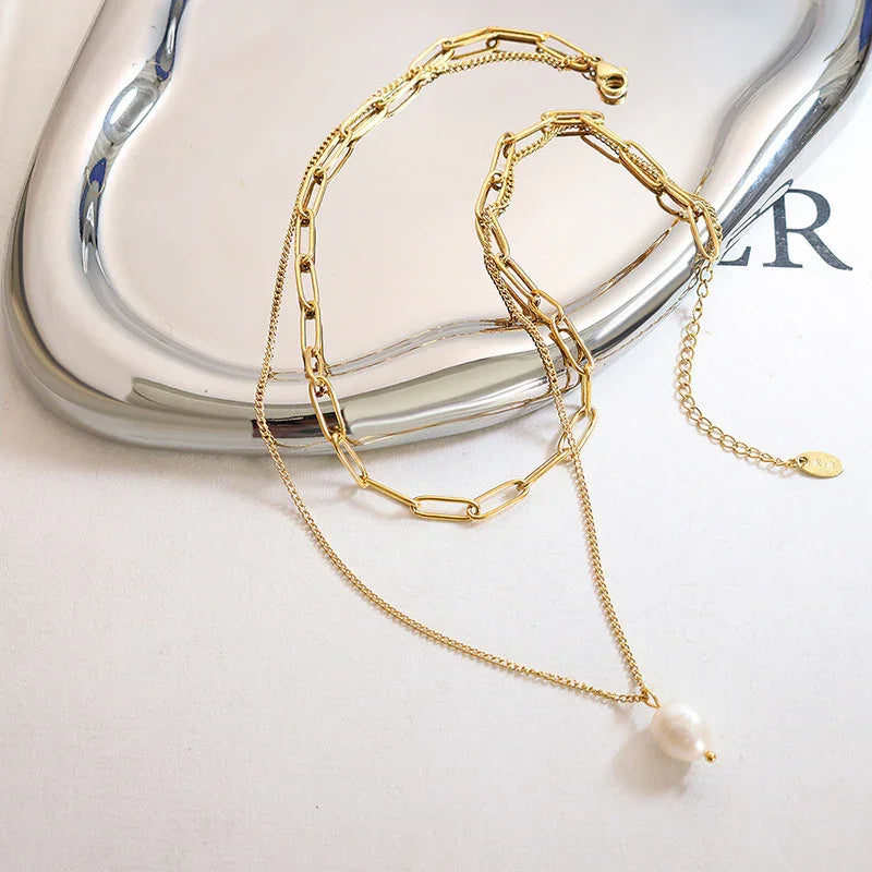 Gold-Plated Layered Faux Pearl Necklace