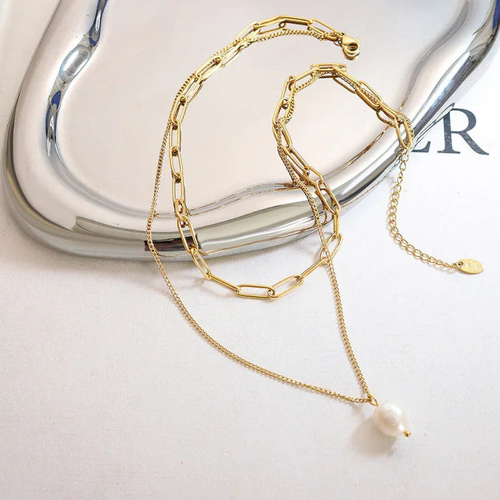Gold-Plated Layered Faux Pearl Necklace