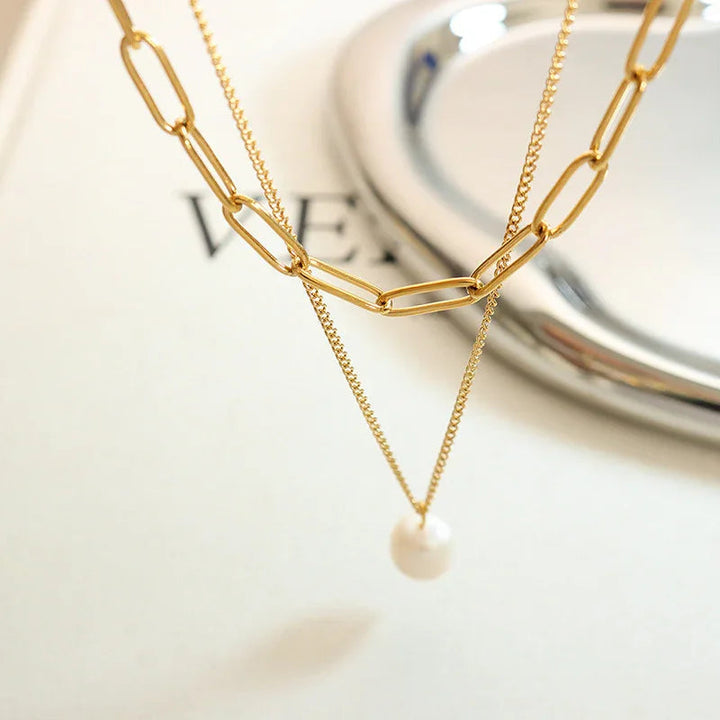Gold-Plated Layered Faux Pearl Necklace