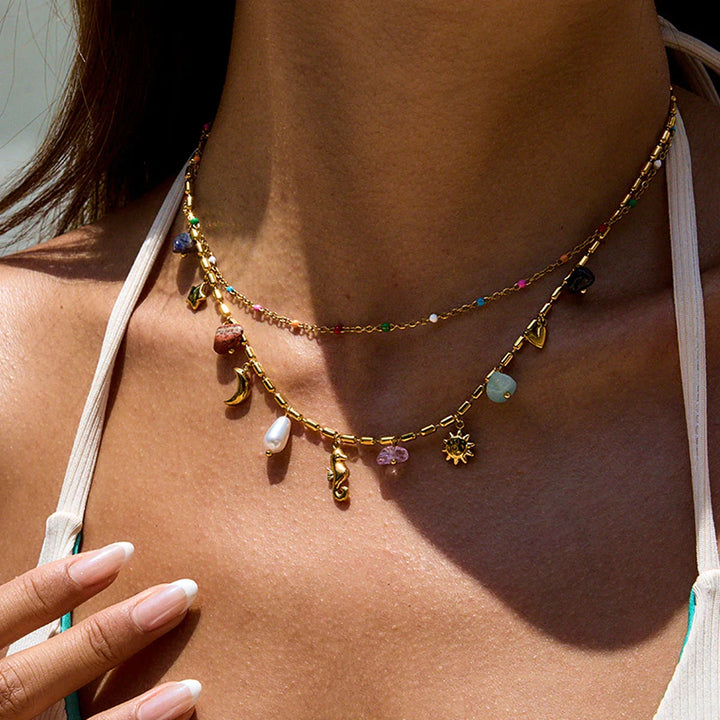 Gold Plated Faux Pearl Charm Layered Necklace for Women