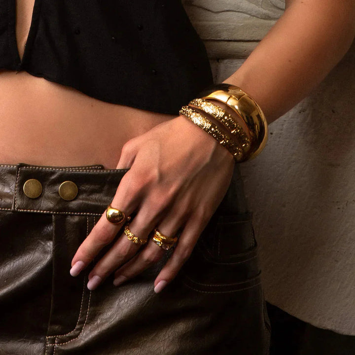 Gold-Plated Bangle Bracelet Set Textured and Smooth