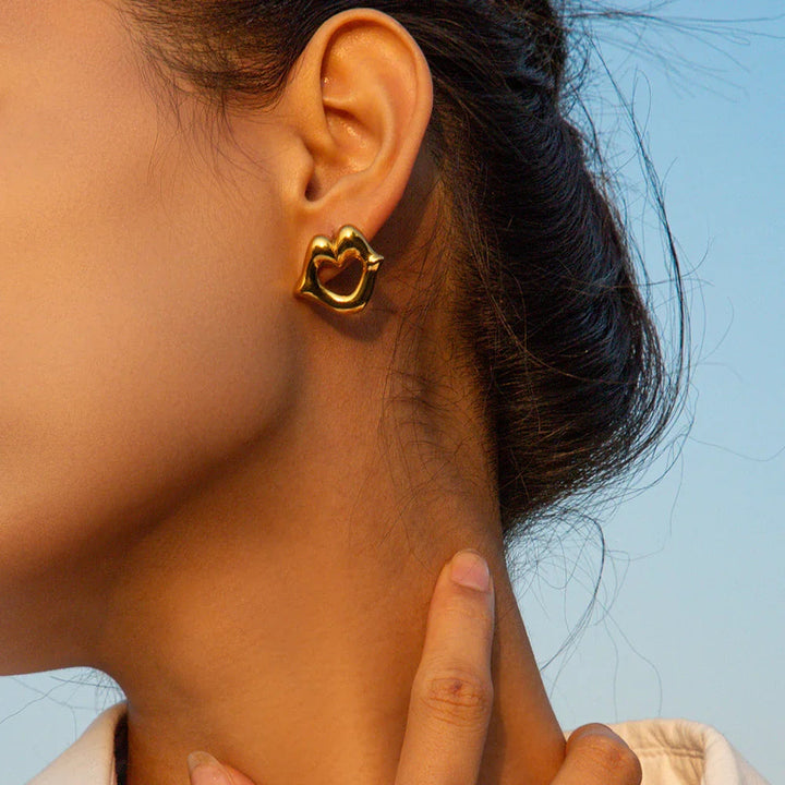 Gold-Plated Lip-Shaped Earrings with Touch of Gleaming Gold