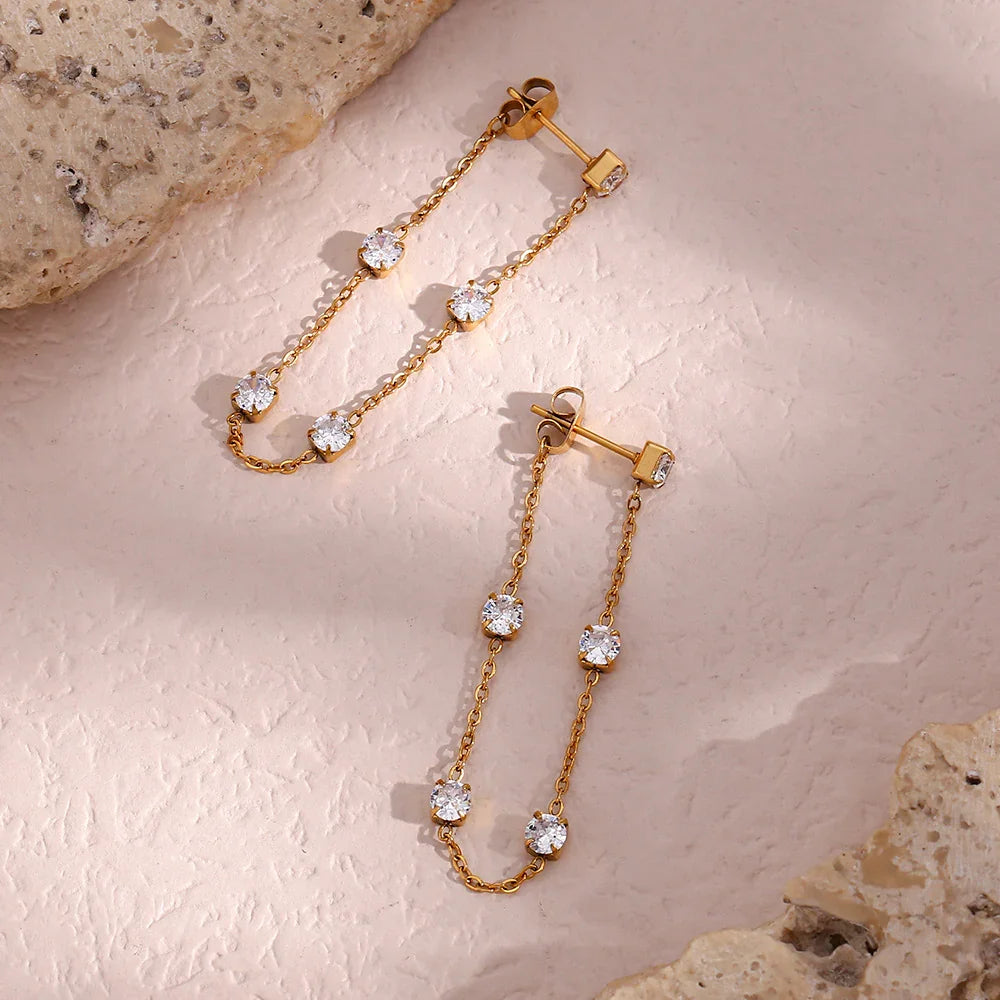 Gold-Plated Diamond Chain Drop Earrings For Women
