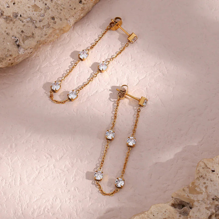 Gold-Plated Diamond Chain Drop Earrings For Women