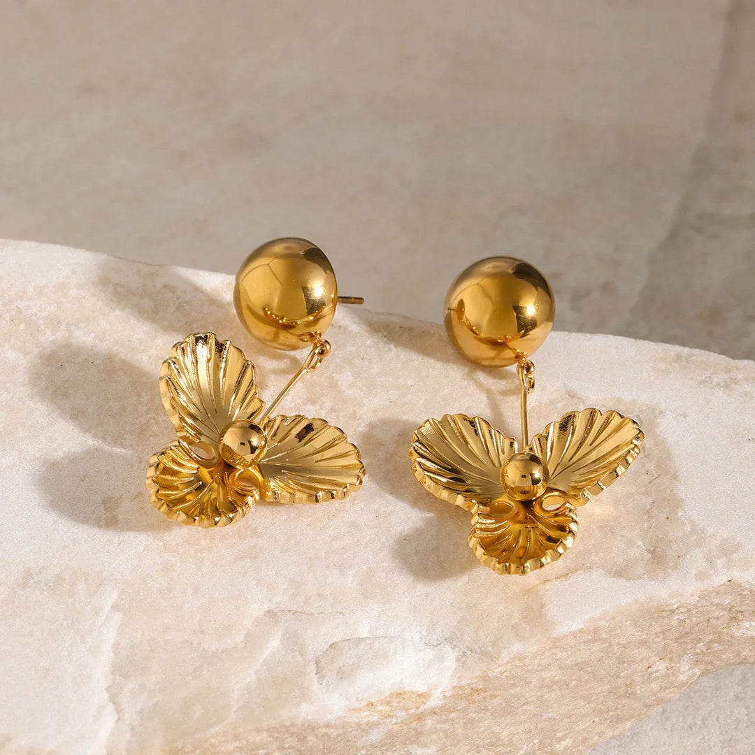 Gold-Plated Drop Earrings with Carved Petals