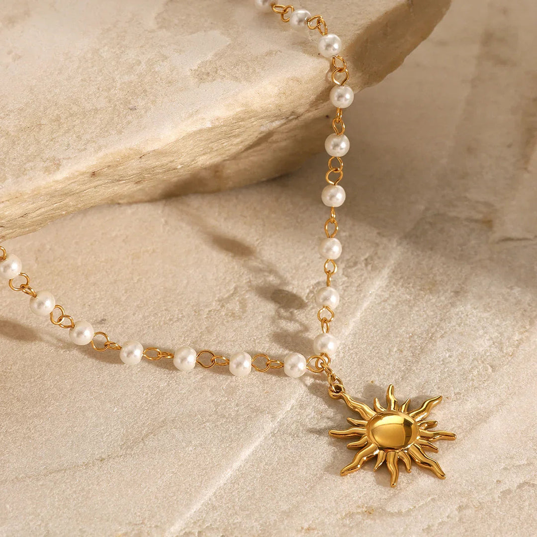 Gold-Plated Sun Pendant Freshwater Faux Pearl Necklace