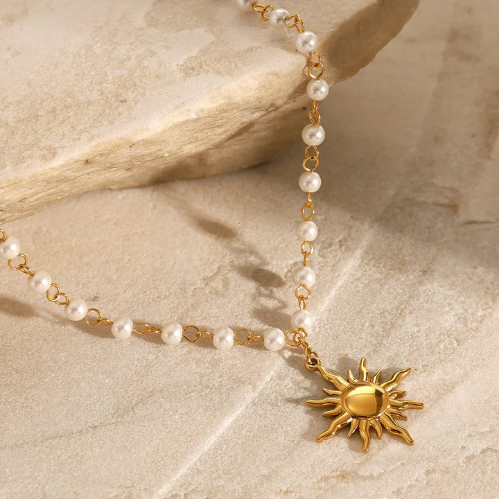 Gold-Plated Sun Pendant Freshwater Faux Pearl Necklace