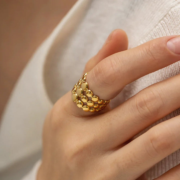 Gold-Plated Circle Pattern Ring with Stainless Steel