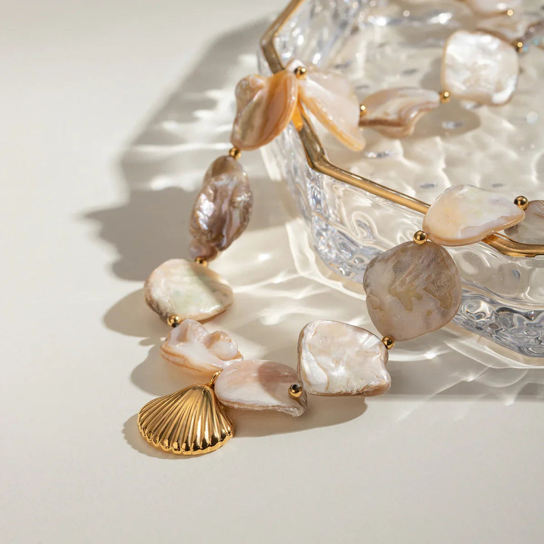 Gold-Plated Faux Pearl Seashell Necklace for Women