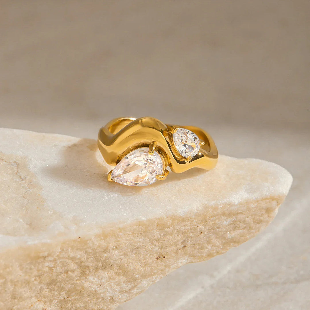 Gold Plated Cubic Zirconia Teardrop Statement Ring for Women