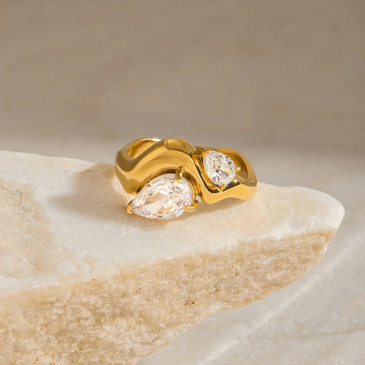 Gold Plated Cubic Zirconia Teardrop Statement Ring for Women