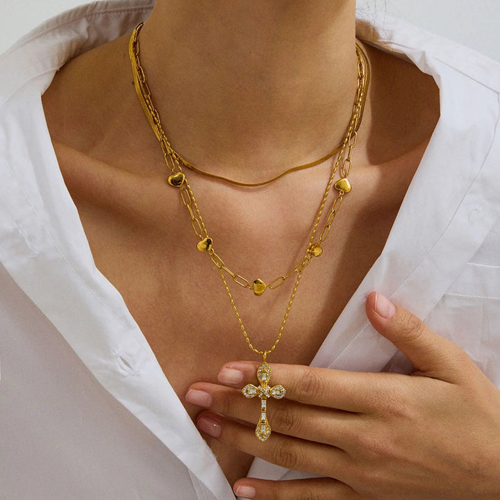 Gold-Plated CZ Cross Pendant Necklace for Women