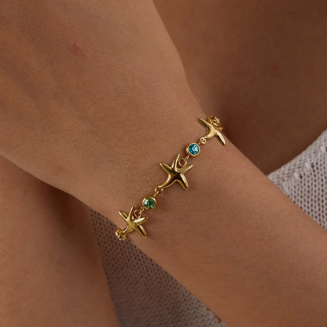 Gold Plated Stainless Steel Crystal Starfish Bracelet for Women