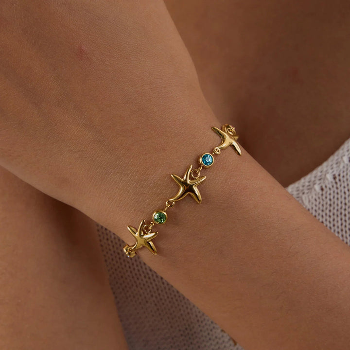 Gold Plated Stainless Steel Crystal Starfish Bracelet for Women