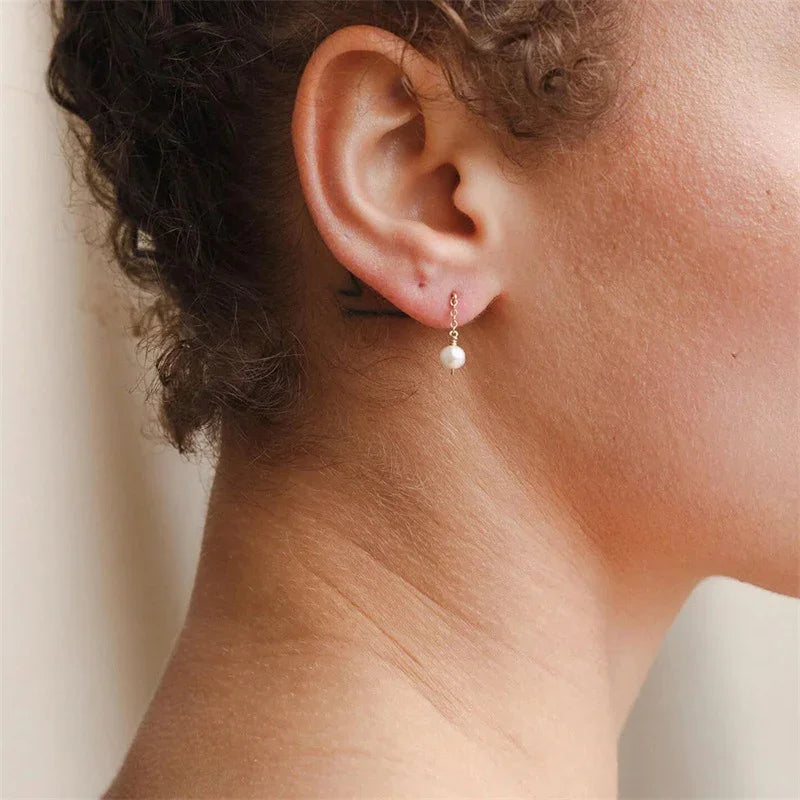 Gold-Plated Stainless Steel Faux Pearl Drop Earrings for Women