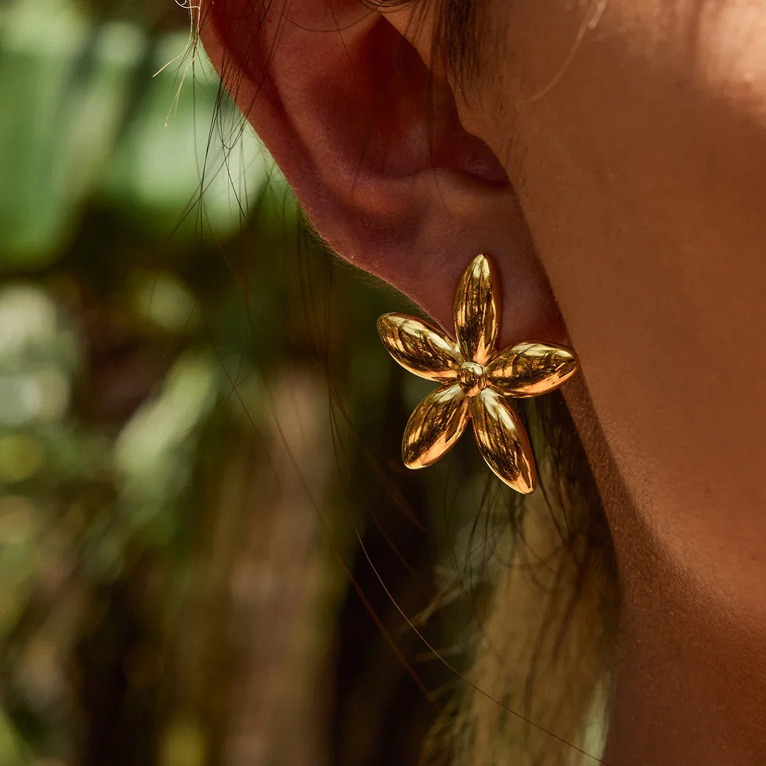 Gold Plated Stainless Steel Floral Stud Earrings for Women