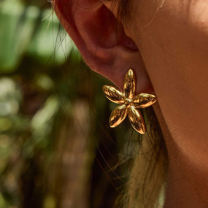 Gold Plated Stainless Steel Floral Stud Earrings for Women