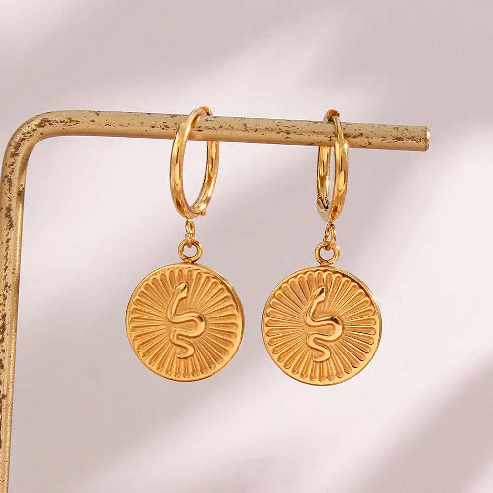 Gold-Plated Serpent Coin Drop Earrings for Women