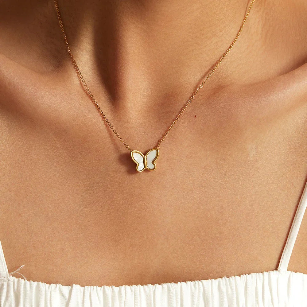 Gold-Tone Butterfly Pendant Necklace with Faux Pearl-Look Detail