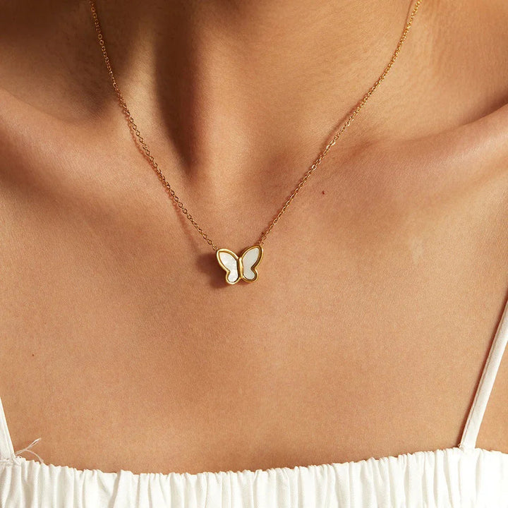 Gold-Tone Butterfly Pendant Necklace with Faux Pearl-Look Detail