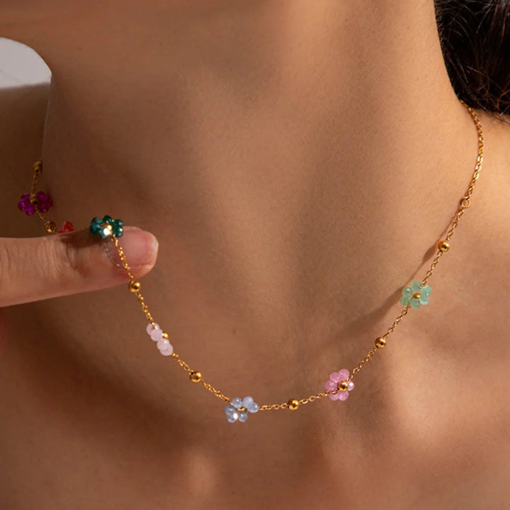 Gold-Plated Dainty Glass Flower Chain Necklace for Women