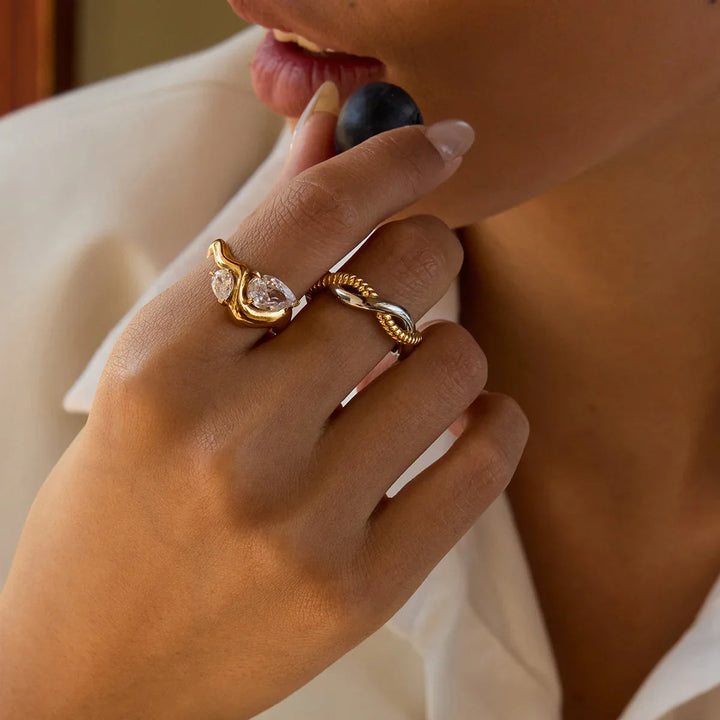 Gold Plated Cubic Zirconia Teardrop Statement Ring for Women