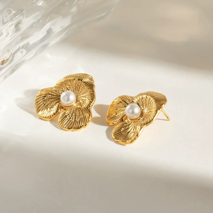 Gold-Plated Faux Pearl Floral Stud Earrings for Women