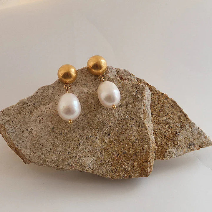 Gold-Plated Faux Pearl Drop Earrings with Stainless Steel for Women
