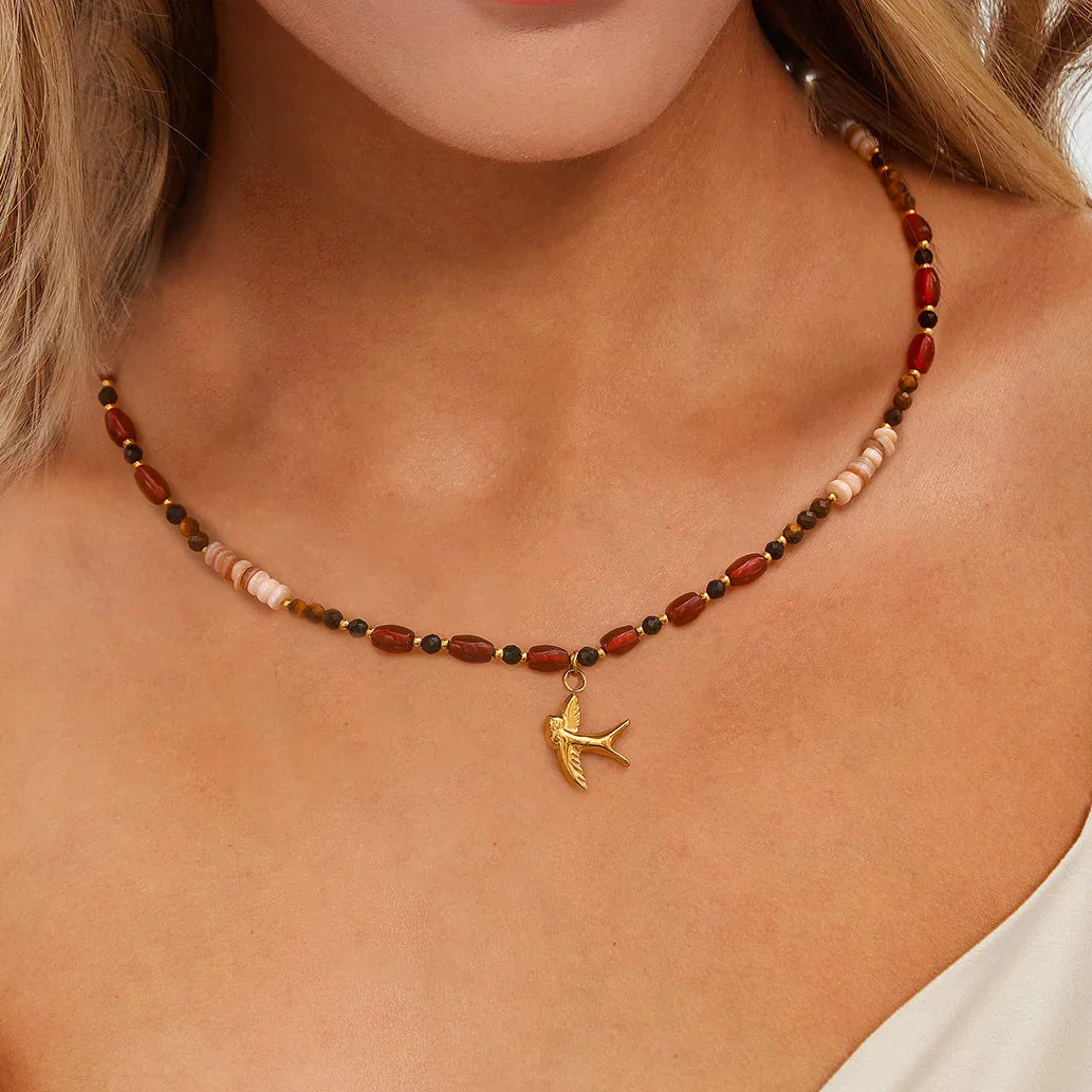 Gold-Plated Glass Stone Beaded Necklace