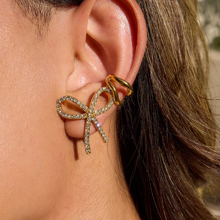 Gold Plated Bow Stud Cubic Zirconia Earrings for Women