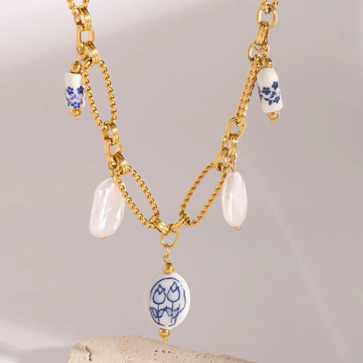Gold-Plated Faux Pearl Charm Necklace for Women
