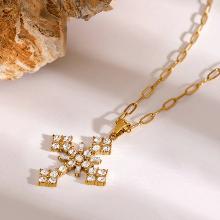 Gold-Plated Crystal Cross Pendant Necklace