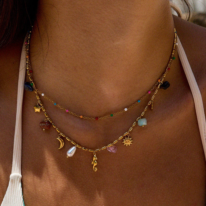 Gold Plated Faux Pearl Charm Layered Necklace for Women