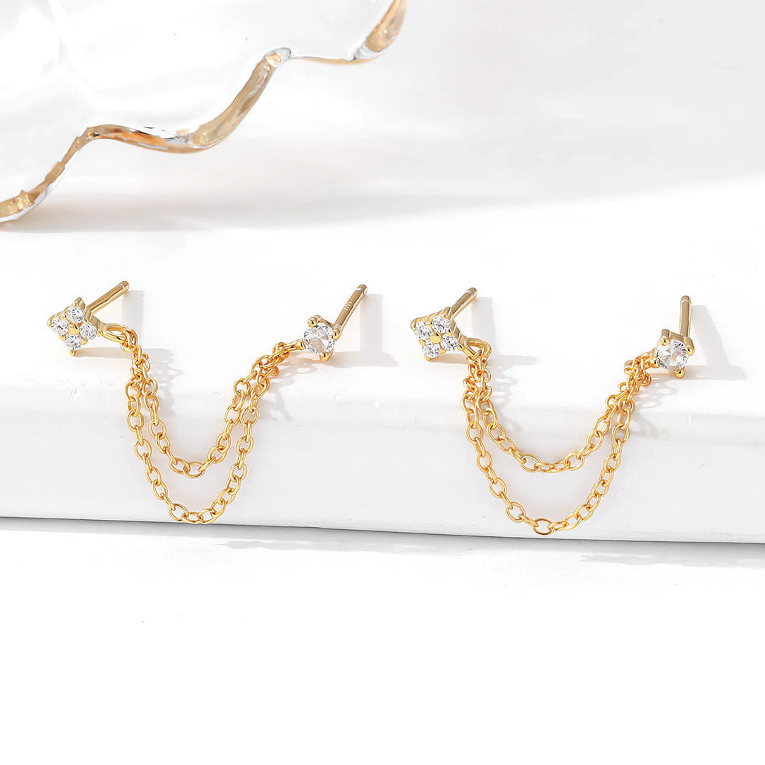 Gold-Plated Cubic Zirconia Chain Stud Earrings