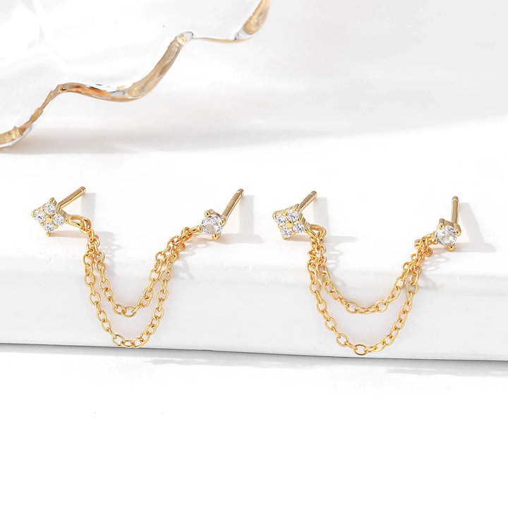 Gold-Plated Cubic Zirconia Chain Stud Earrings