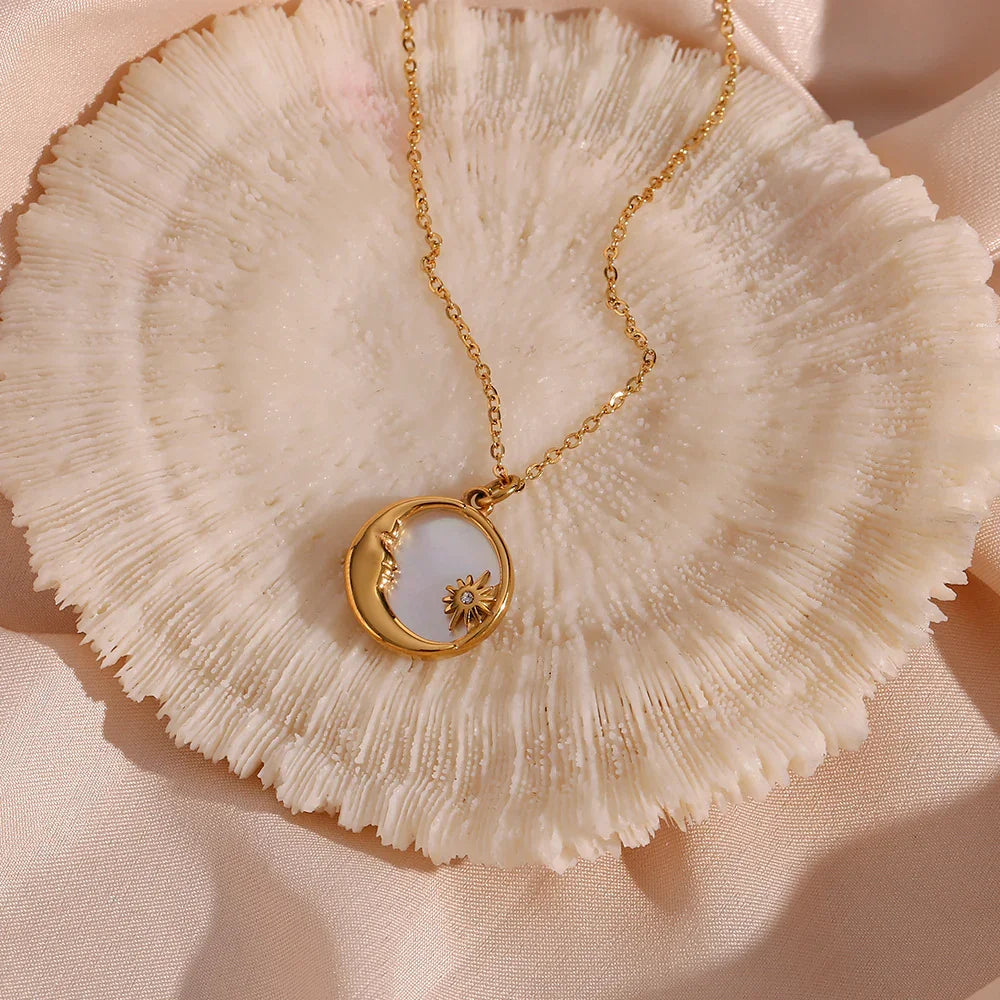 Gold-Plated CZ Lunar Pendant Necklace for Women