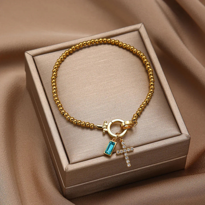 Gold-Plated Crystal Birthstone Cross Bracelet