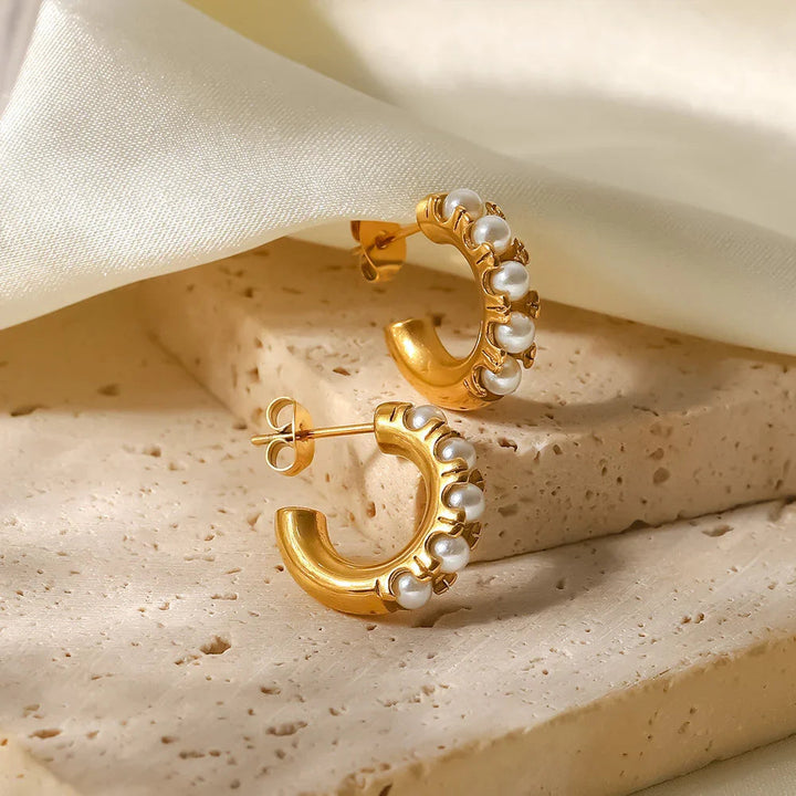 Gold-Plated Faux Pearl Huggie Hoop Earrings Women