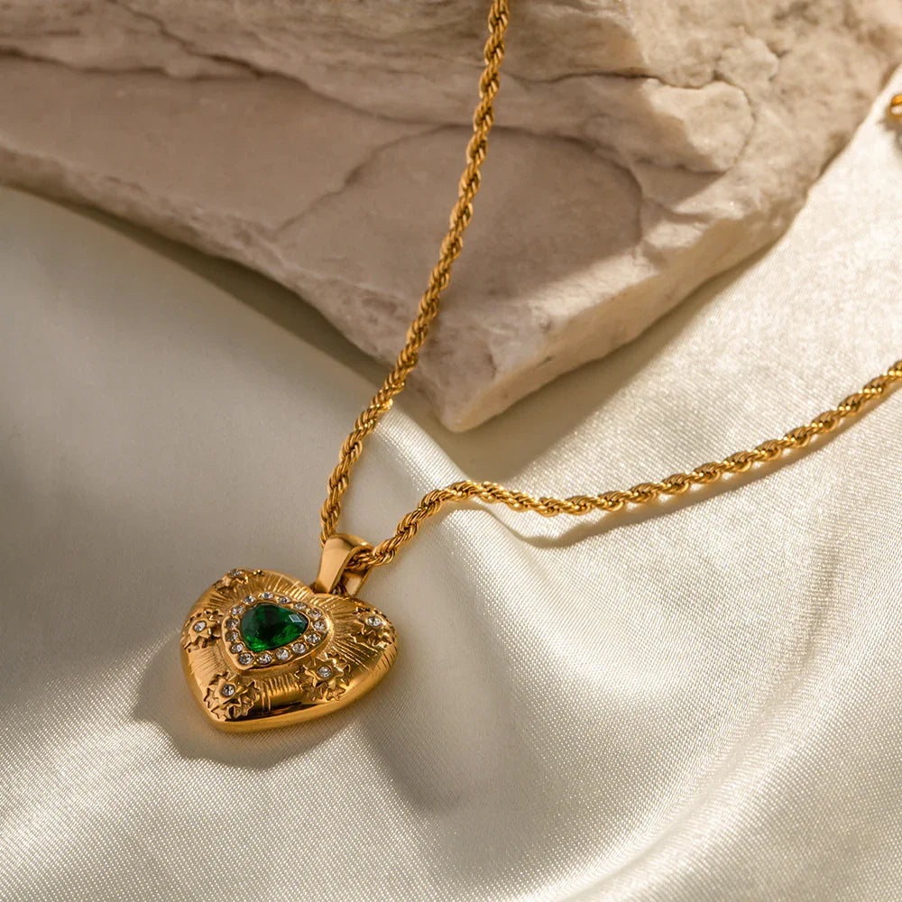 Gold-Plated Heart Necklace with Emerald Center and Diamond Simulants