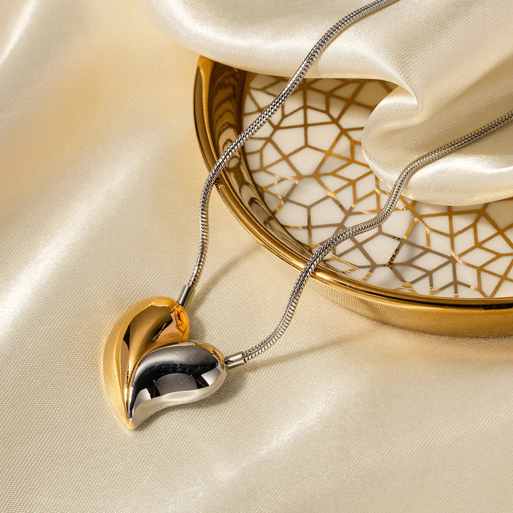 Gold Silver Two-Tone Heart Necklace with Stainless Steel