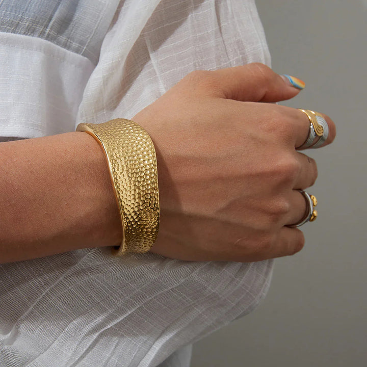 Gold Plated Stainless Steel Textured Cuff Bracelet for Women