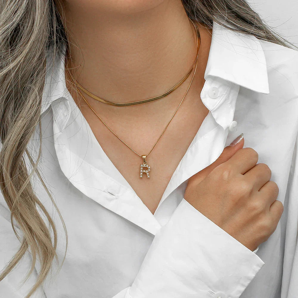 Gold-Plated Layered Initial Letter Necklace with Freshwater Pearls