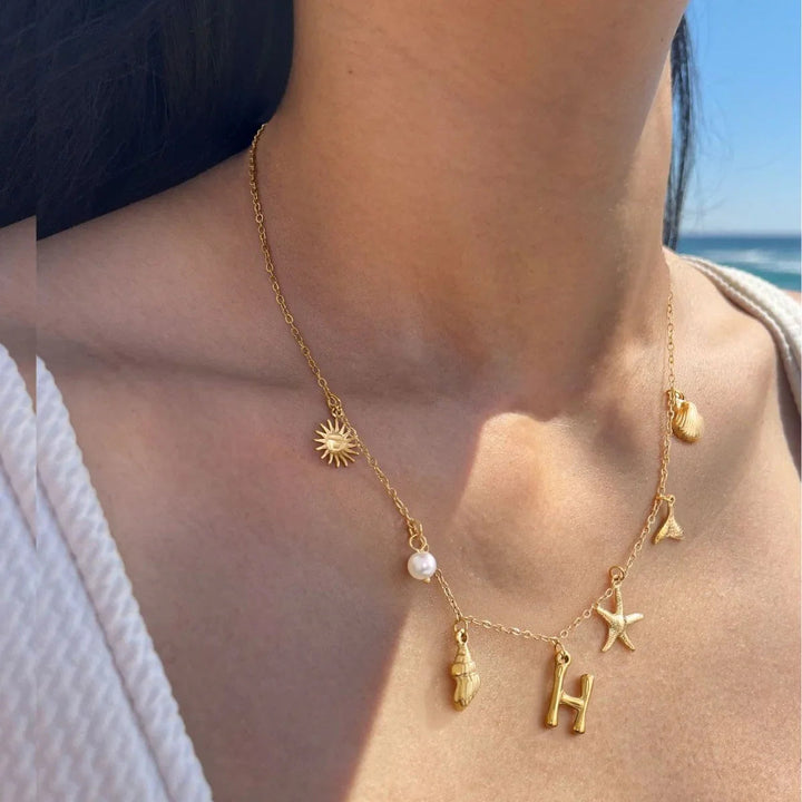 Gold Plated Faux Pearl Initial Charm Necklace for Women