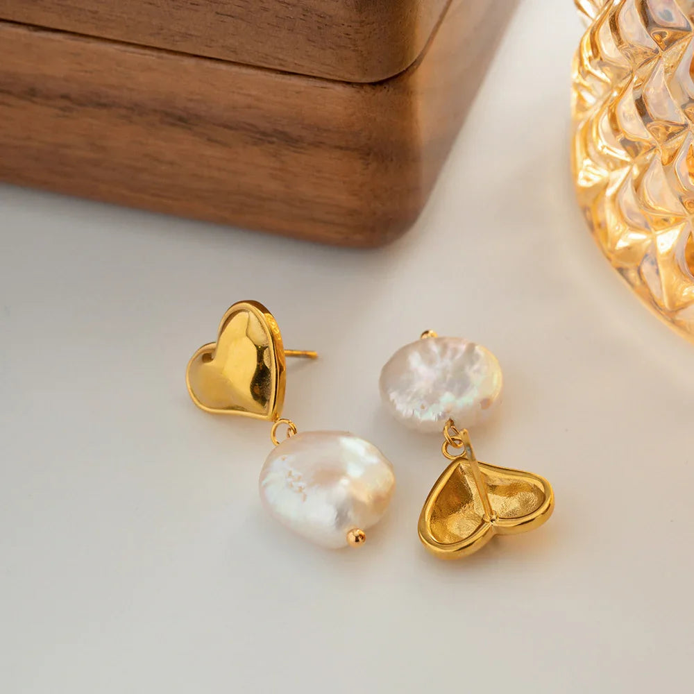 Gold-Plated Freshwater Pearl Earrings with Heart Design