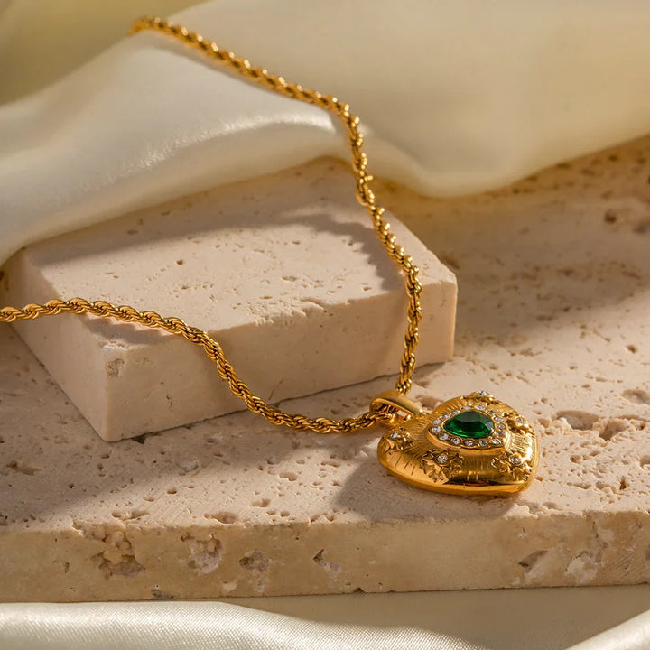 Gold-Plated Heart Necklace with Emerald Center and Diamond Simulants