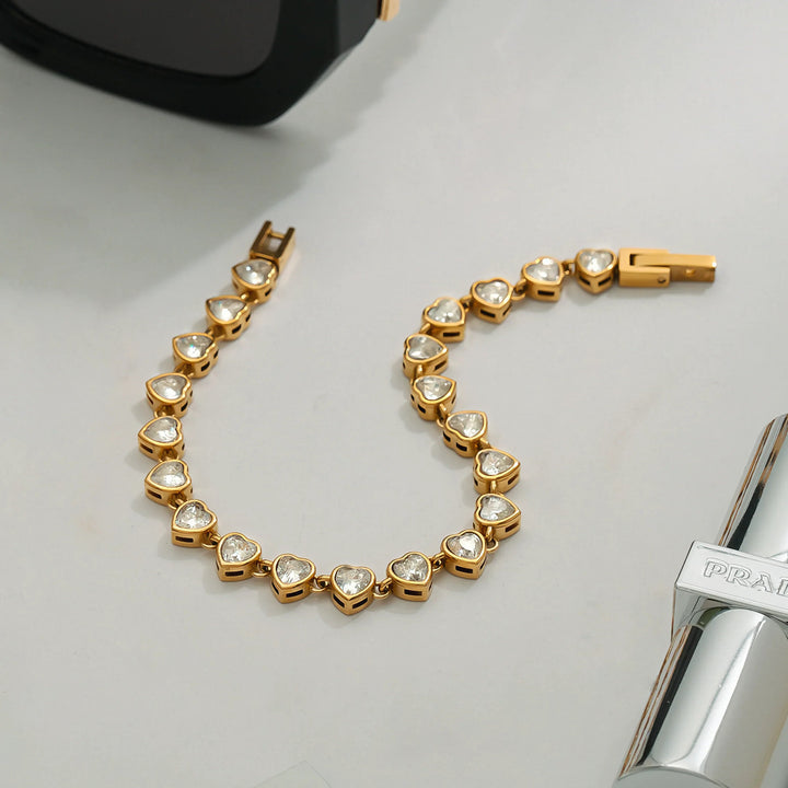 Gold-Plated CZ Heart Tennis Bracelet for Women